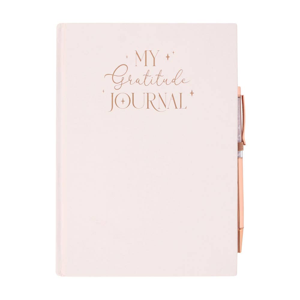 Gratitude Journal Notebook with Rose Quartz Crystal Chip Pen