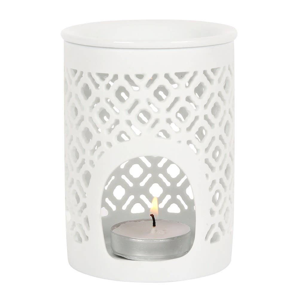 White Matte Lattice Cut Oil Burner and Wax Warmer