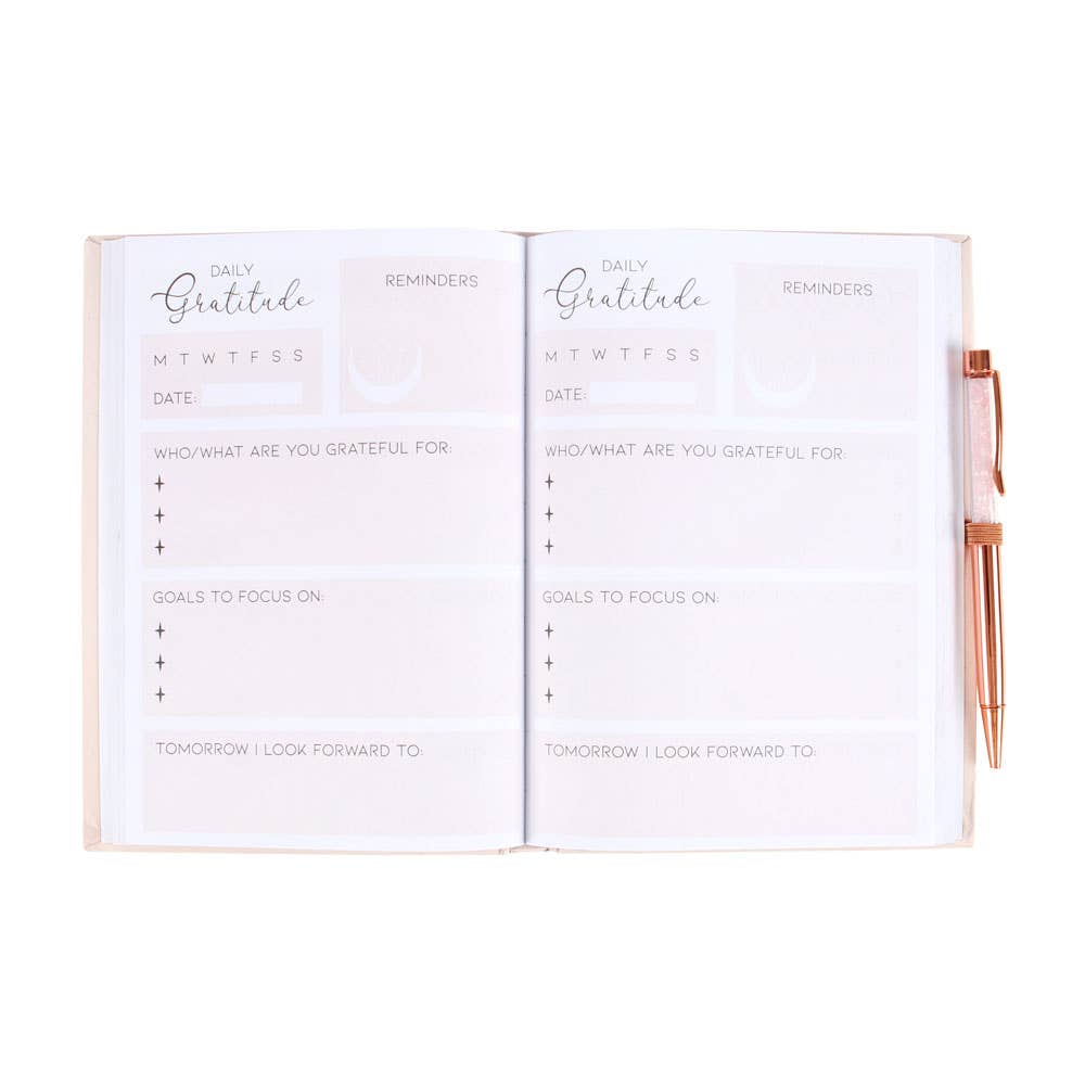 Gratitude Journal Notebook with Rose Quartz Crystal Chip Pen