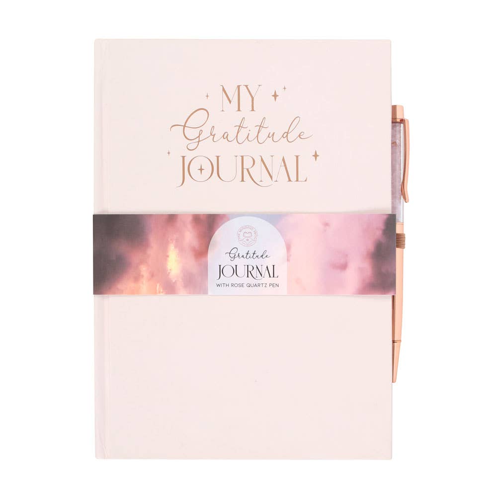 Gratitude Journal Notebook with Rose Quartz Crystal Chip Pen